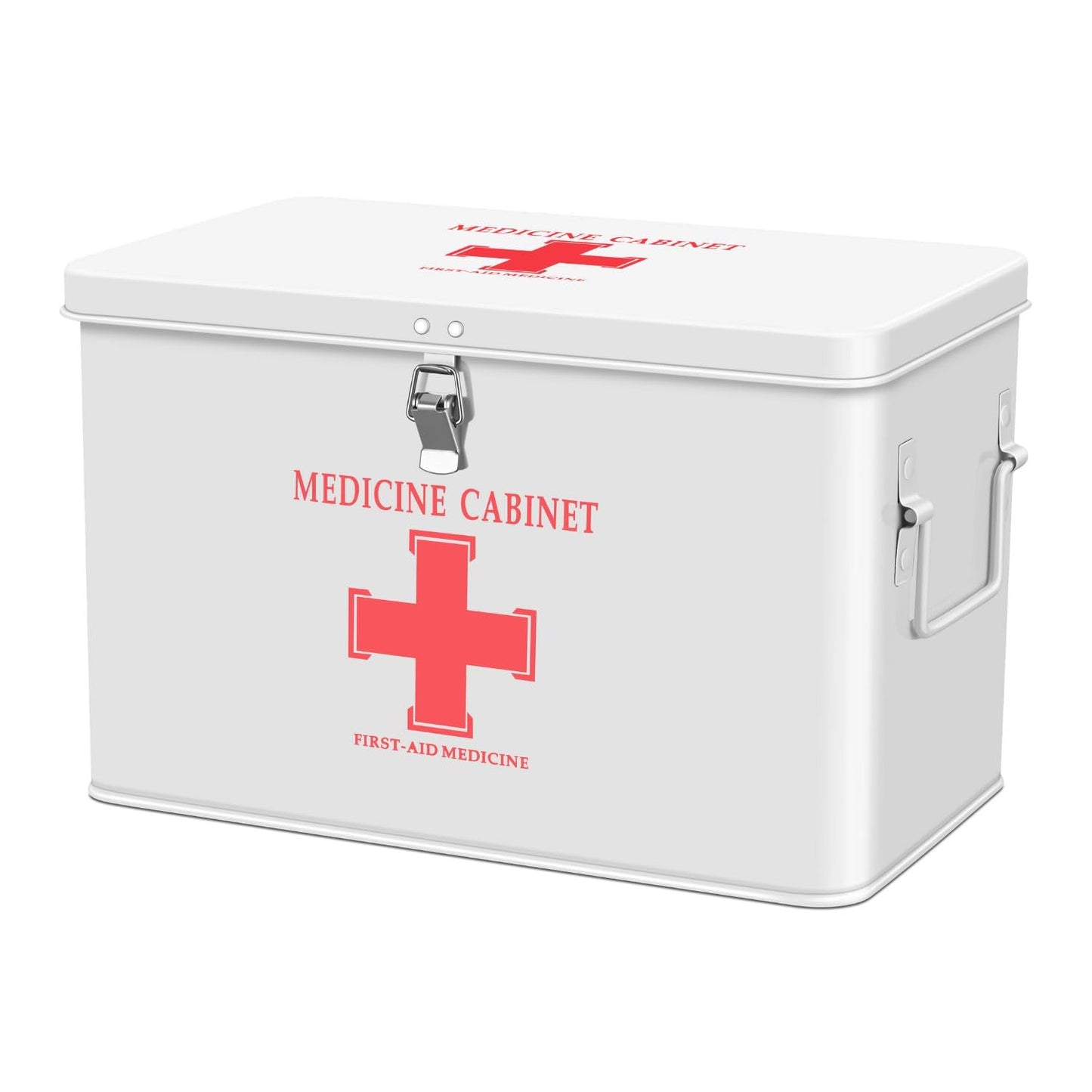 Flexzion First Aid Box Organizer Empty with Lock - 13" White Vintage First Aid Kit Tin Metal Medical Box