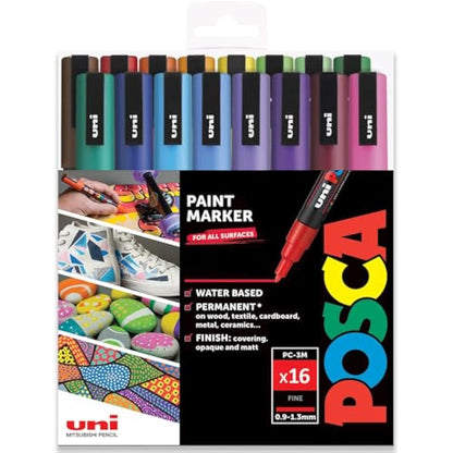Posca Water Based Permanent Marker Paint Pen - Multi Surface Use - PC-3M 0.9-1.3mm Fine - Set of 16 Pens in Plastic Gift Wallet - Full Spectrum