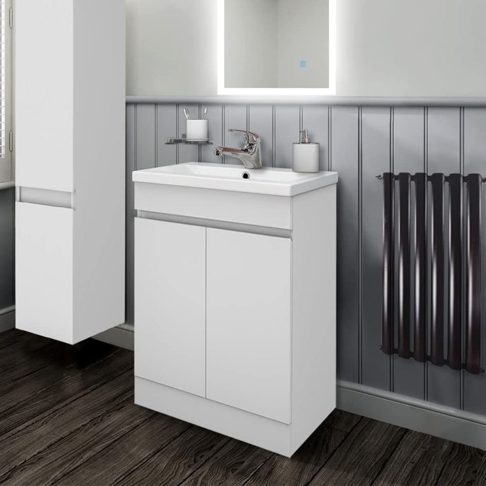 Biubiubath 600mm Bathroom Sink Unit with Basin Matt White 2 Soft Close Doors Freestanding Bathroom Suite with Vanity Unit