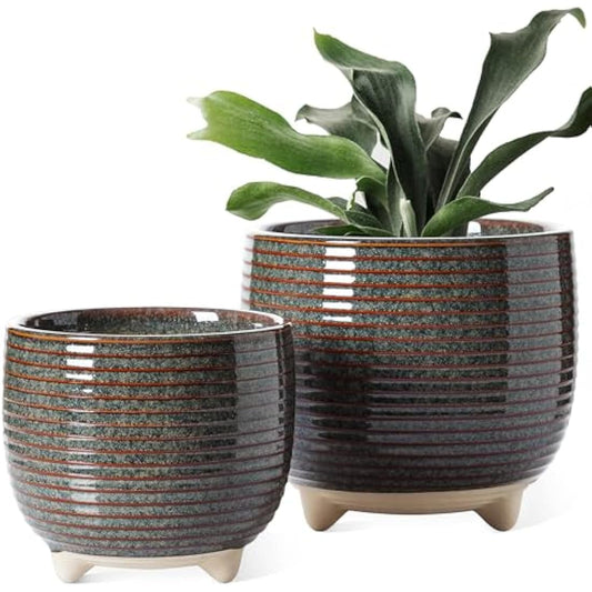 LE TAUCI Ceramic Plant Pots, 12 + 16 cm Footed Pots for Plants, Cute Modern Flower Pots for House and Office, Small Indoor Planters with Drainage, Reactive Glaze Black