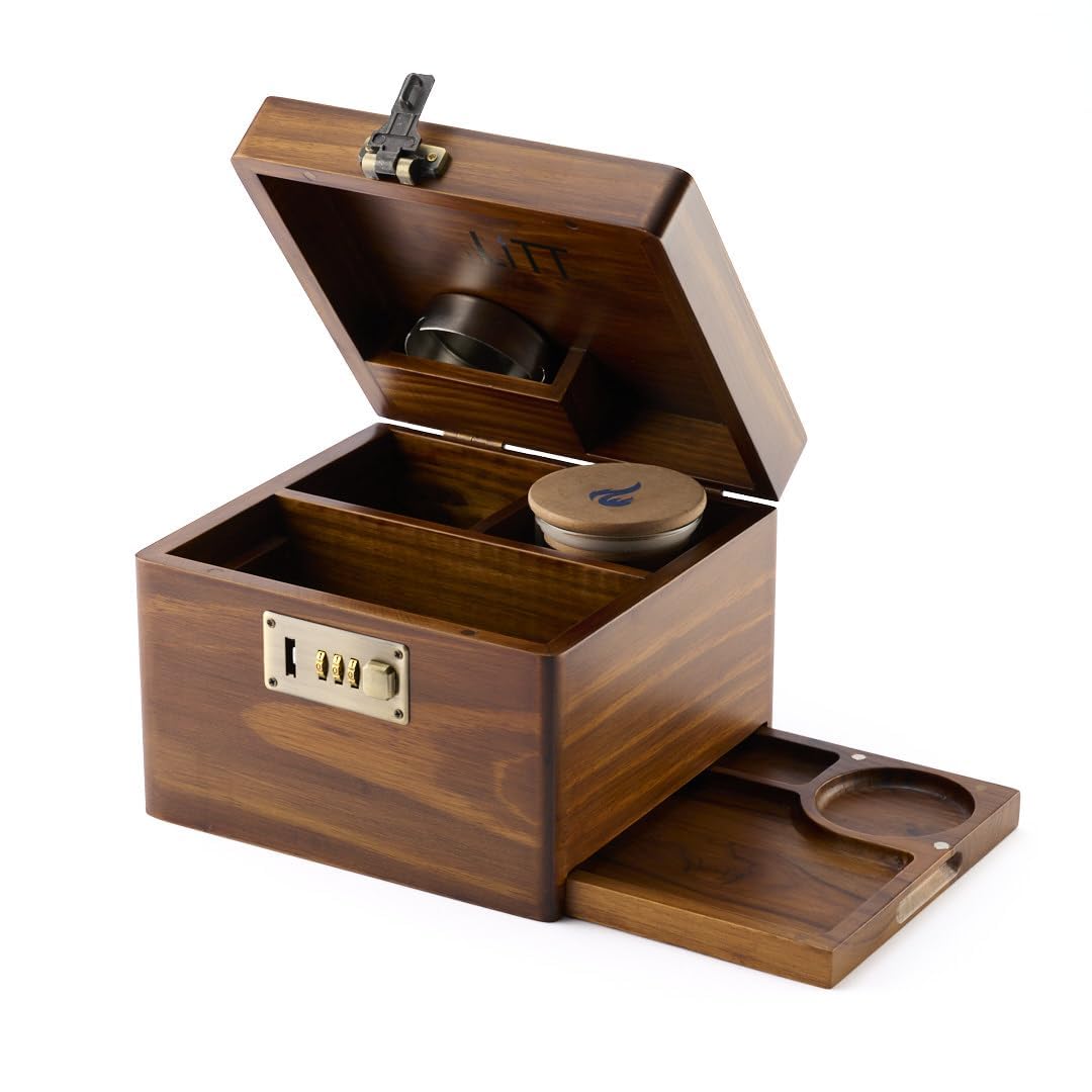 LITT - Premium Wooden Combination Lock Stash Box Set with Glass Jar, Hidden Tray, and Storage Box (Brown)