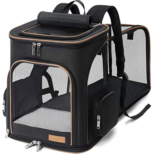Lekesky Expandable Cat Carrier Backpack - Portable Breathable Rucksack for Medium and Small Cats & Dogs, Foldable with Inner Escape-proof Leash and Pet Mat, Supports 20 lbs (Black)