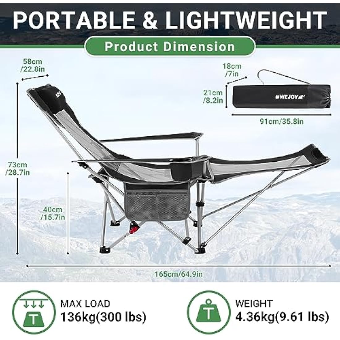 #WEJOY Camping Chairs Folding Recliner Chair Adjustable with Detachable Footrest Headrest Cup Holder Lightweight Portable Reclining Camp Chair Fold Up Chair for Outdoor Beach Garden, Black Set of 2