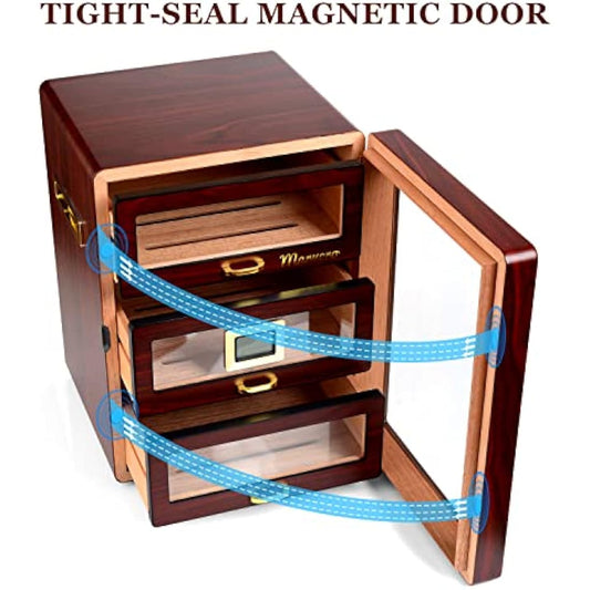 Marvero Cigar Humidors, Cedar Wood Humidor with Digital Hygrometer, Drawers, Humidifiers and Gold-Plated Hardwares. Cigar humidor Cabinet for Men Husband Father, 150 Cigars Capacity Ebony Color