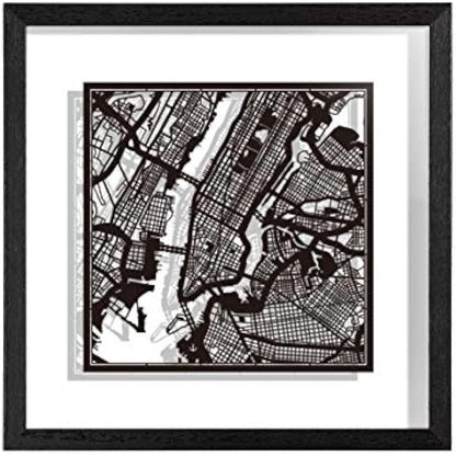 O3 DESIGN STUDIO New York Paper Cut Map framed, Black map, Black frame, 9x9 inches, Gift Boxed, 2 background color, self-changing, Paper Art