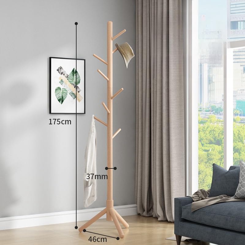 Uwenkjie coat stand，Sturdy wooden coat rack, adjustable size, with 8 hooks, suitable for hanging clothes, hats, handbags