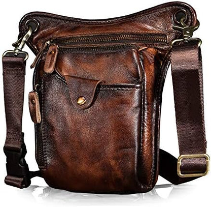 Le'aokuu Mens Genuine Leather Messenger Shoulder Bag Waist Bag Pack Drop Leg Bag Motorcycle 833
