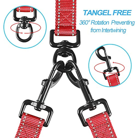 PetBonus Double Dog Leash, No Tangle Dual Leash, Reflective Walking Training Lead, 4 Comfortable Padded Handles for 2 Dogs with Collapsible Bowl and Waste Bags (Red, Large)