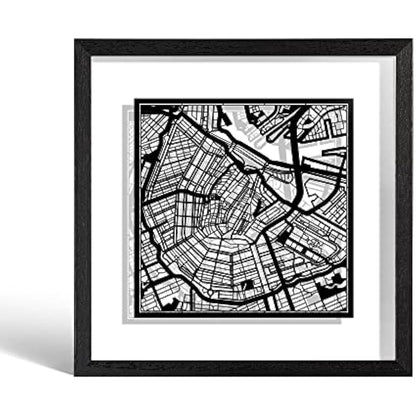 O3 DESIGN STUDIO Amsterdam Marco de Papel para mapas, Black map, Black frame, 9x9 inches, Gift Boxed, 2 background color, self-changing, Paper Art