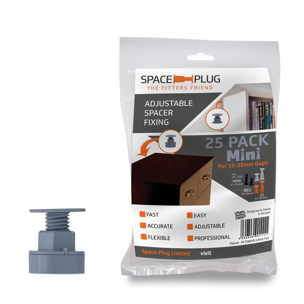 Space-Plug Adjustable Spacer Fixings (Mini Size for 15-35mm Gaps), 25 Pack of Grey Spacers, Professional & DIY use for Kitchen, Bedroom, Bathroom &