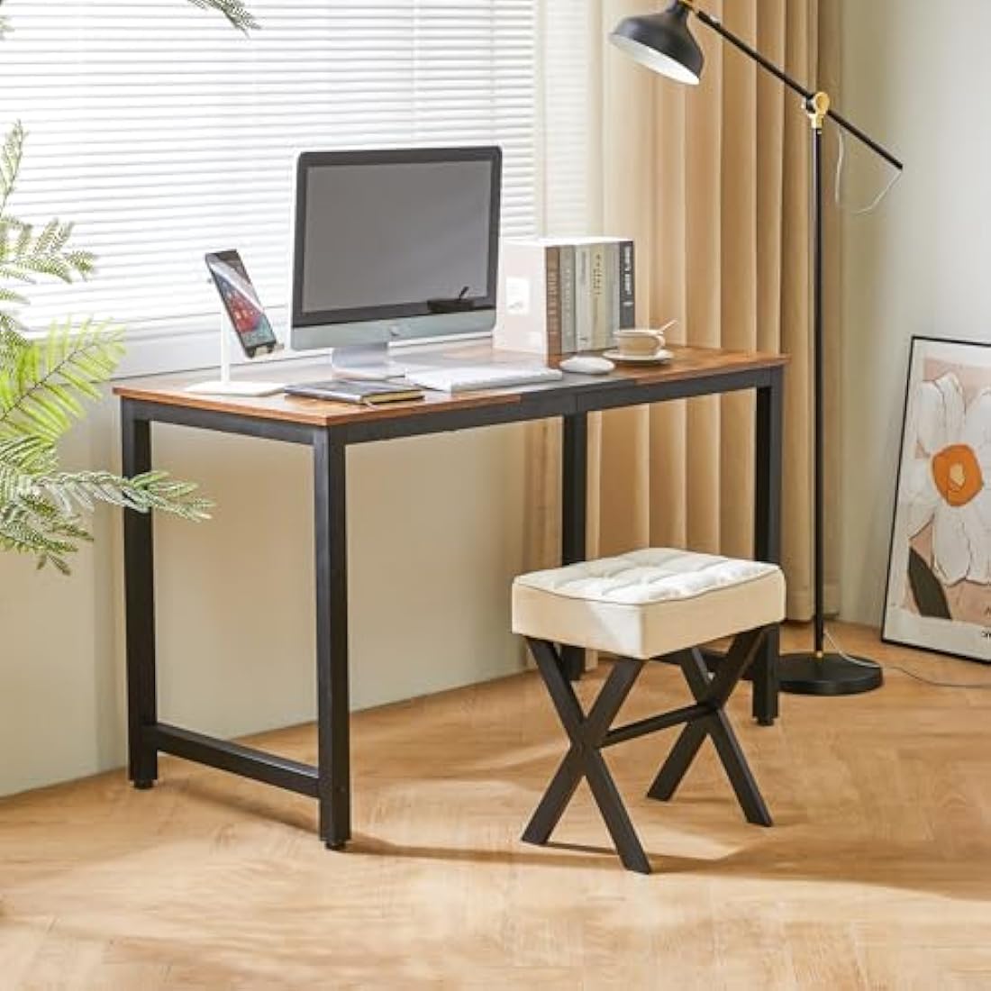 IBUYKE Square Makeup Stool with X-Leg Foot Rest, Linen Footrest, Ottoman Seat Vanity Stool, Multi-Use as Small Side Table, for Bedroom, Living Room, Linen L/G-70Y