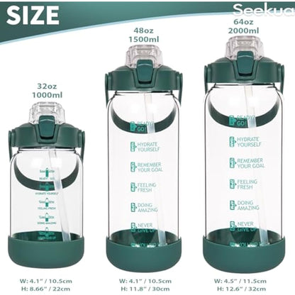 Seekua 2l Glass Water Bottle with Straw & Motivational Time Markings 2 litre Large Leakproof Gym Drinking Bottle