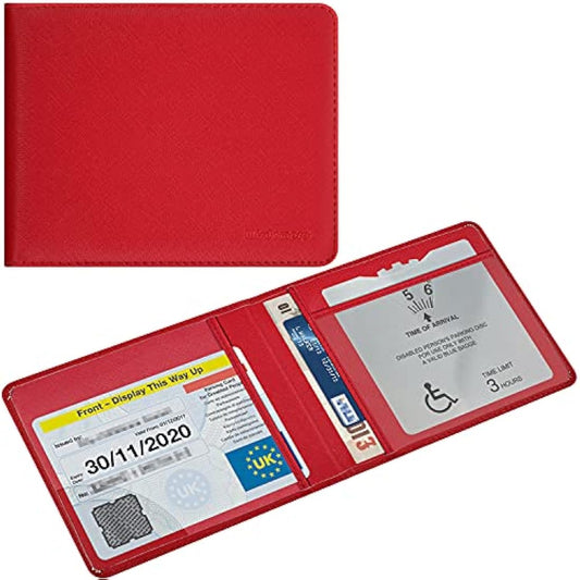 wisdompro PU Leather Disabled Blue Badge and Timer Holder, Blue Badge Holder, Disabled Badge Holder Wallet for Car Disability Parking Badge Cover Holder Hologram Safe - Red