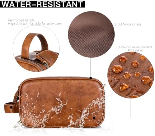 Elviros Water-Resistant PU Leather Toiletry Bag for Men Large Travel Wash Bag Shaving Dopp Kit Bathroom Gym Toiletries Makeup Organizer with Wet Dry Compartment