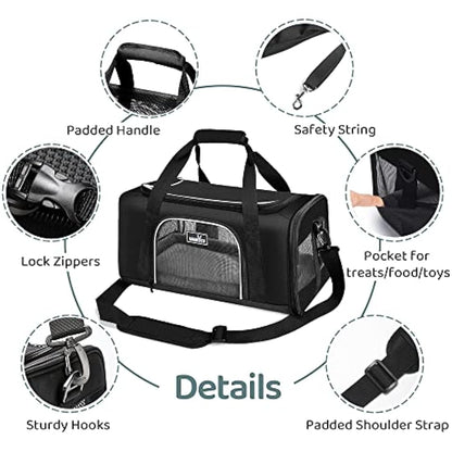 Wakytu TSA Approved Pet Carrier for Small Medium Cats and Dogs | Dog Carrier with Adequate Ventilation | 4 Mesh Windows, 3 Entrance, Locking Safety Zippers, Padded Shoulder Strap, Black