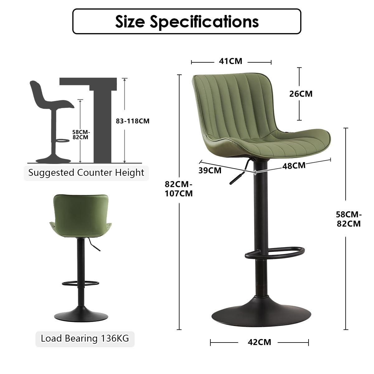 Kidol&Shellder Bar Stools Set of 2 Modern Breakfast Bar Stools, Green