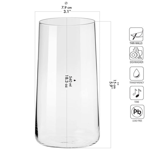 Krosno Tall Water Drinking Glasses Set of 6 | 540 ML | Avant-Garde Collection | Highball Glasses & Tumbler Glass Set | Juice Half Pint Highball |