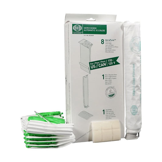 SEBO 5828ER Service Box for X1 - X5 Vacuum cleaners includes 8 x Filter Vacuum Bags, Exhaust Filter, Electrostatic Microfilter and Sealing Strip,