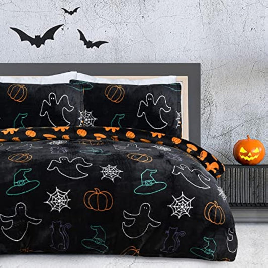 Sleepdown Halloween Spooky Ghost Black Orange Flannel Fleece Reversible Duvet Cover Quilt Bedding Set with Pillowcase Warm Soft Easy Care Bed Linen - Single (135cm x 200cm), 5056557512508