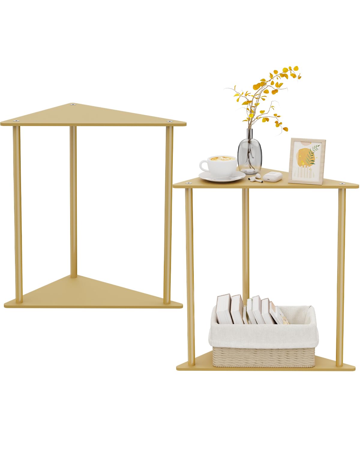 Yawinhe Triangle Metal Side Table,2-Tier Small Corner Table,Golden,2 Pack