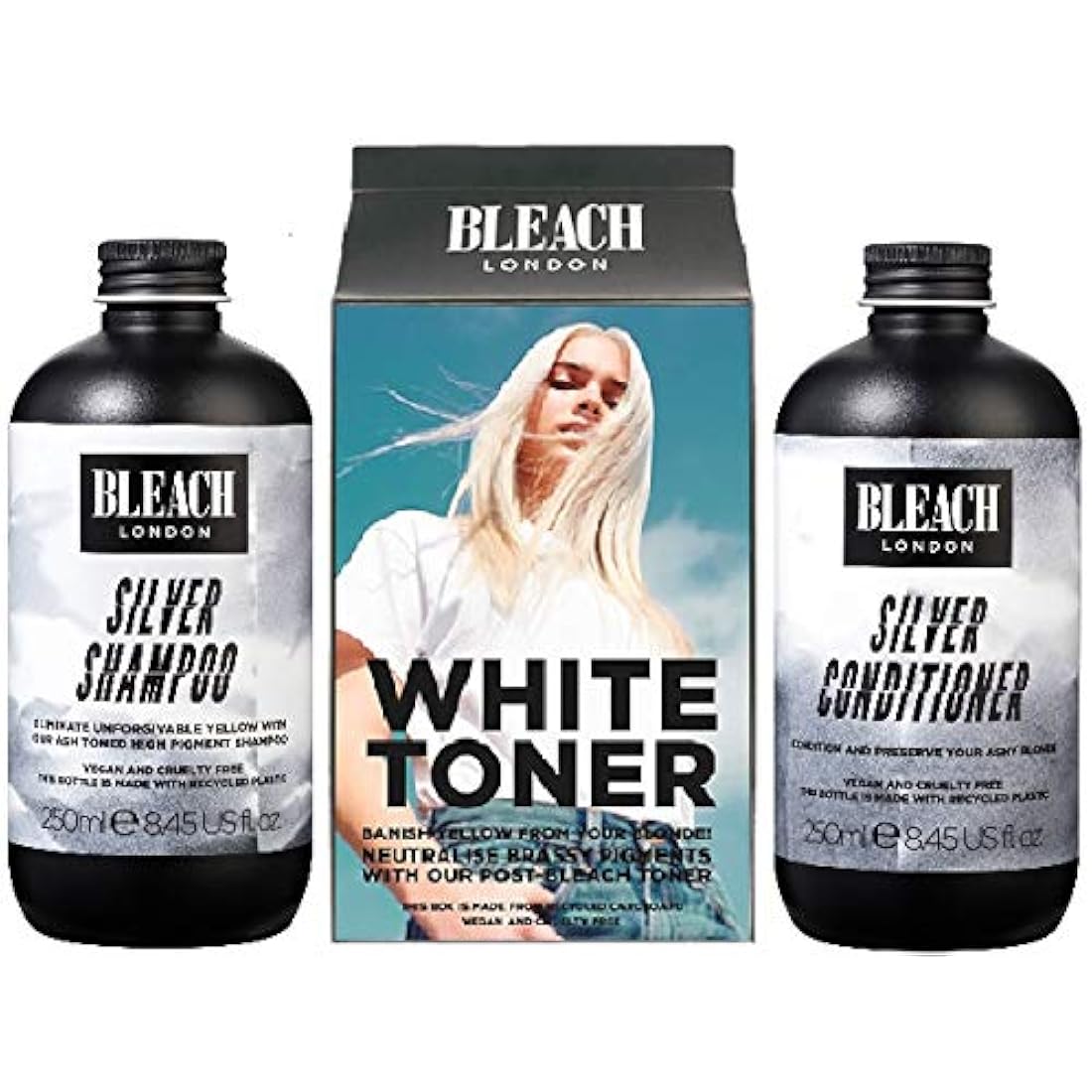 (Pack of 3) Bleach London Silver Shampoo x 250ml, White Toner Hair Kit & Silver Conditioner x 250ml