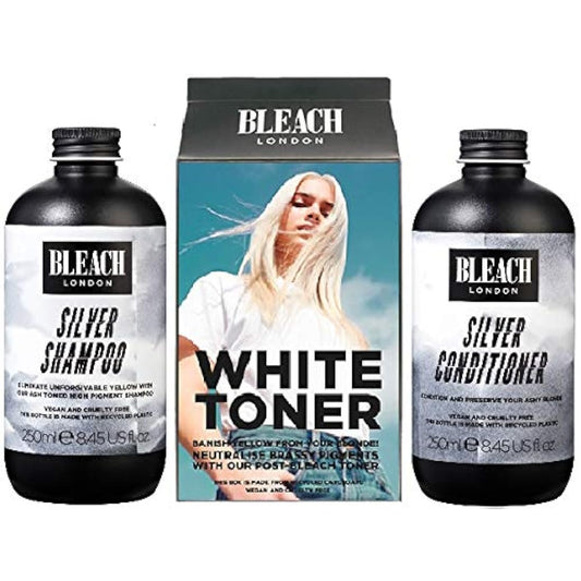 (Pack of 3) Bleach London Silver Shampoo x 250ml, White Toner Hair Kit & Silver Conditioner x 250ml