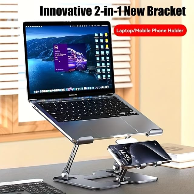 Omana Ergonomic 2-in-1 Laptop Stand with Phone Holder for Desk, Adjustable Riser, Sturdy and Portable, Fits All Laptops and Phone (Silver)