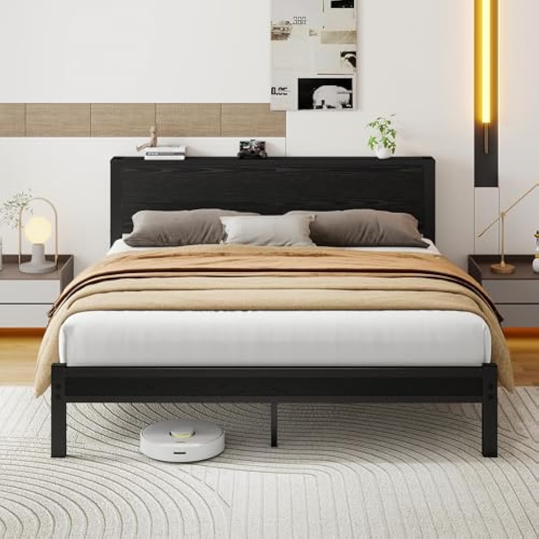 DUMEE King Size Bed Frame with Wooden Storage Headboard, Metal Bed Frame King Size Bed Base/Mattress Foundation, Enhanced Support Noise Free, Black