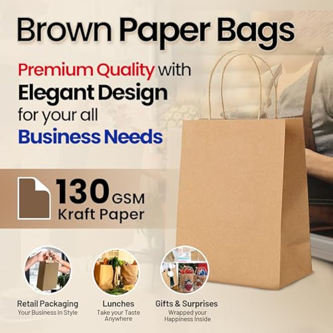 HURUC 50 Pcs Brown Paper Bags With Handles,130GSM, Small Paper Gift Bags, Eco-Friendly Kraft Shopping, Christmas, Easter, Birthday Parties & Merchandise Retail 18x24x8cm