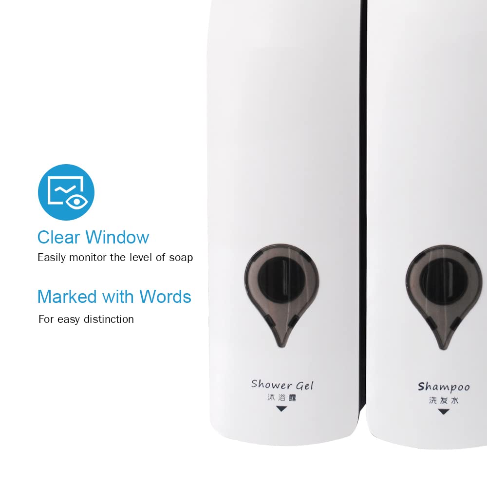 Decdeal Soap Dispenser, 300ml*2 Wall Mounted Shower Gel Dispenser NO Drilling Double-Head Manual Bathroom Shower Gel Liquid Shampoo Dispenser Holder