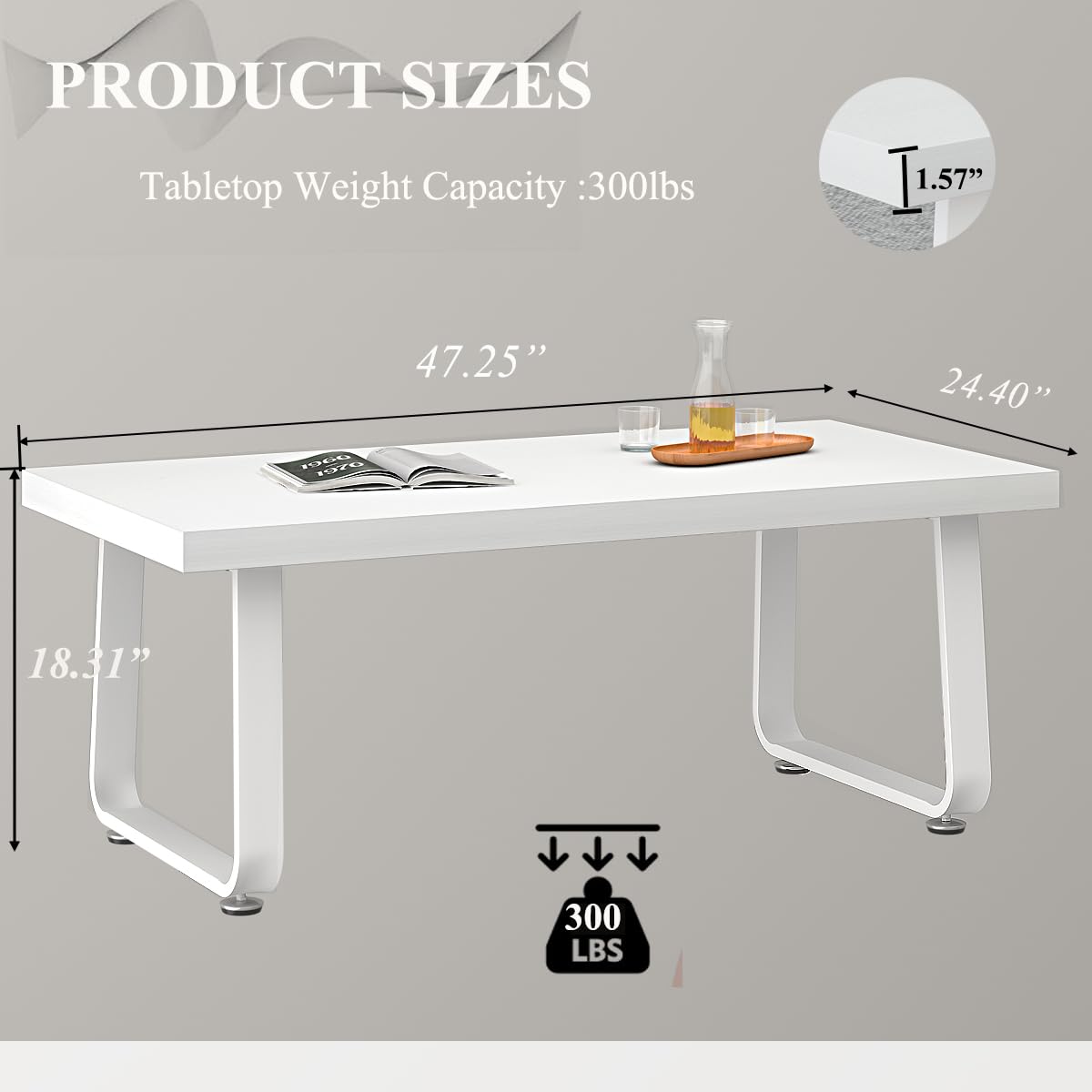 HSH White Oak Coffee Table, 60D×120W×46.5H cm, Rustic Industrial Wooden Coffee Table for Living Room Bedroom Office