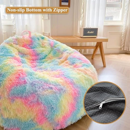 XeGe Faux Fur Comfy Bean Bag Cover for Living Room(No Filler), Tie Dye Fluffy Stuffed Animal Storage Bean Bag Chair Cover, Furry Fuzzy Big Beanbag Cover for Adult Teen Kid Girl, Anti-slip, Rainbow