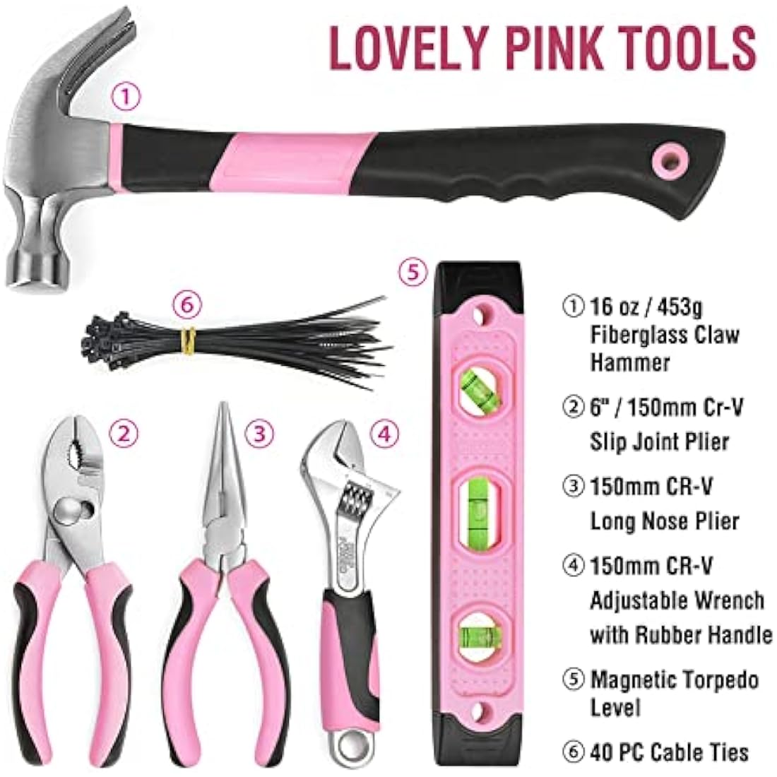 WORKPRO Pink Tool Kit 103-Piece, Pink Hand Tools Set for Home Repair, Tool Kit Portable with Hammer, Screwdriver Set, Tape Measure, Pliers, with Compact Storage Bag, New Home Gifts