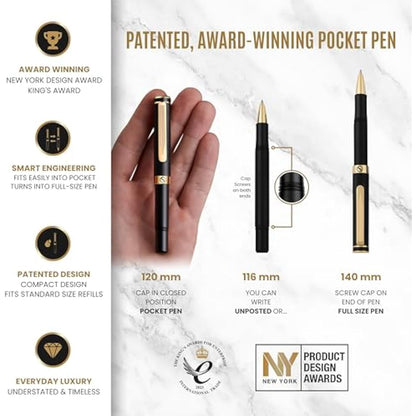 Scriveiner Black Rollerball EDC Luxury Pen, Stunning Pocket Pen, Real Gold Plating, Cool Writing Pen, Best Pen Gift for Men, Women, German Schmidt Refill, Nice Present, Fancy Office Designer Pen Set