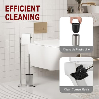 BVL Toilet Roll Holder with Toilet Brush Brushed, Stainless Steel Free Standing Toilet Brush, Toilet Brush and Toilet Paper Holder