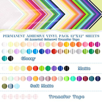 VINYL FROG Permanent Adhesive Vinyl Bundle 70 Pack Adhesive Vinyl Sheets 12''x12'' Permanent Vinyl for Cups, Decals, DIY Craft Projects