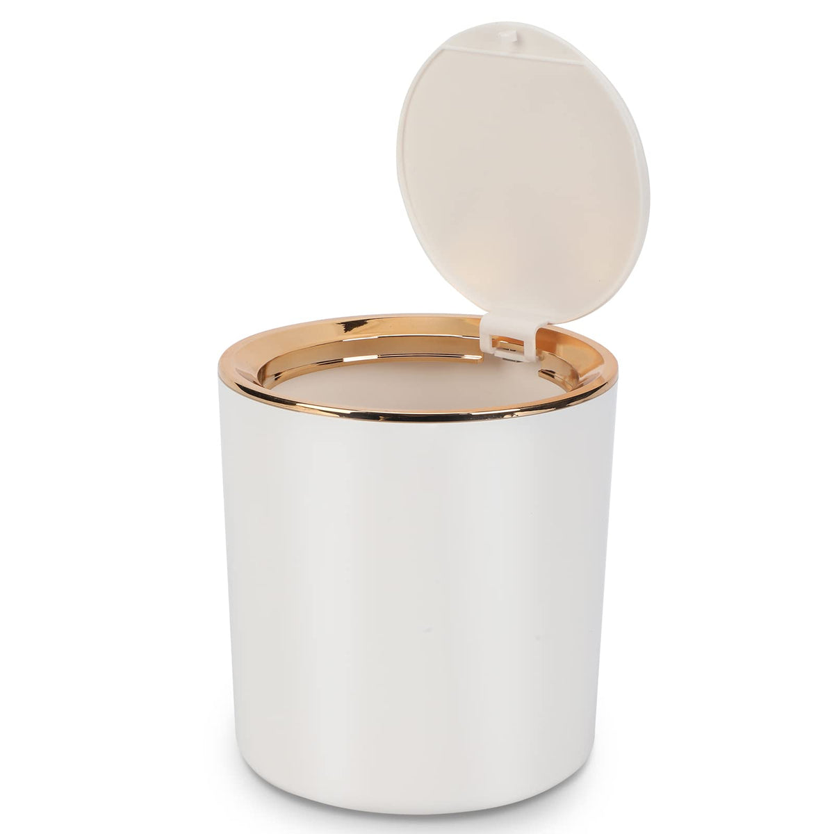 Desk Bin with Lid, Mini Table Trash Can,15 * 14.5cm Portable Small Dustbin for Bathroom Living Room Kitchen Car Dressing Table White
