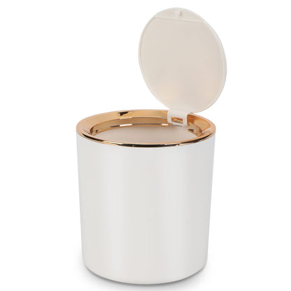 Desk Bin with Lid, Mini Table Trash Can,15 * 14.5cm Portable Small Dustbin for Bathroom Living Room Kitchen Car Dressing Table White