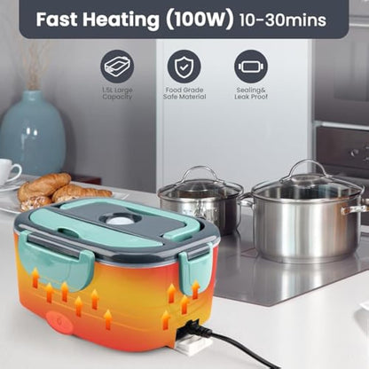 BYbrutek Electric Lunch Box 100W, 1.5L Removable Stainless Steel, 3-in-1 Portable Heated Lunch Box, 12V/24V/220V Insulated Heat Box for Car/Truck/Office/Home (Blue, 1.5L)