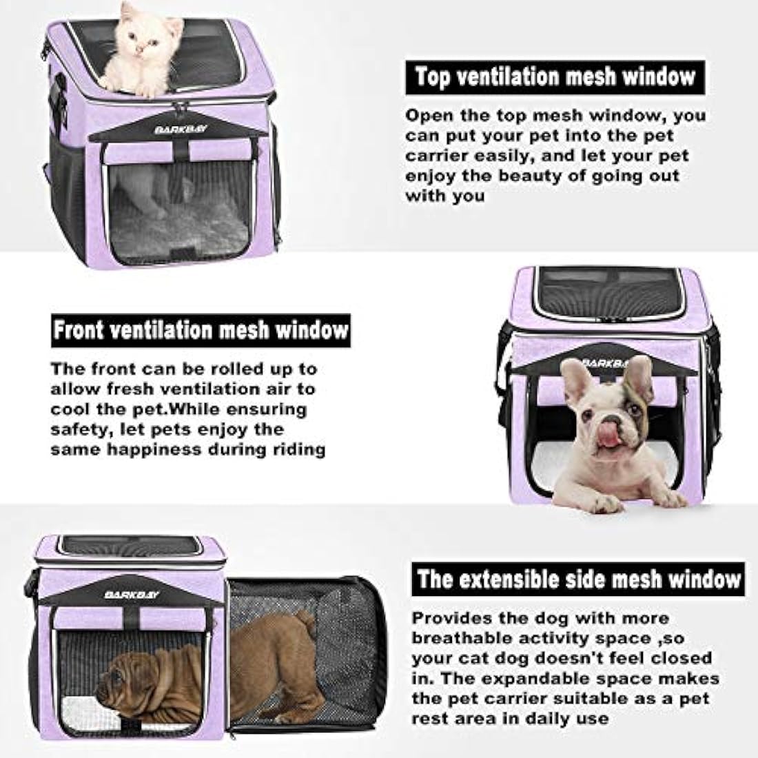 BARKBAY Dog Bike Basket Carrier, Expandable Foldable Soft-Sided Dog Carrier, 2 Open Doors, 5 Reflective Tapes, Pet Travel Bag, Safe and Easy for Small Medium Cats and Dogs (Purple)