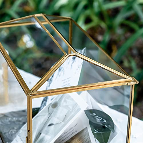 NCYP Glass Card Box with Slot and Lock for Wedding, Party Reception, Donation, Keepsake - Small 26x15x20.3 CM - Geometric Decorative, Gold, Handmade