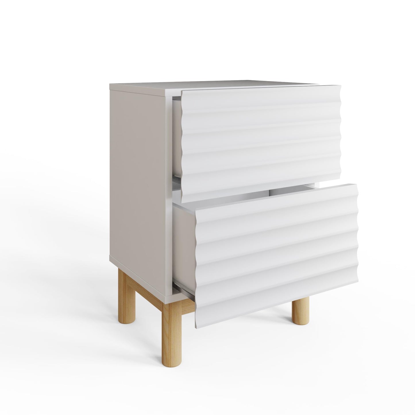 GFW Karla Bedside Table, White 2 Drawer Nightstand with Textured Front & Wooden Legs