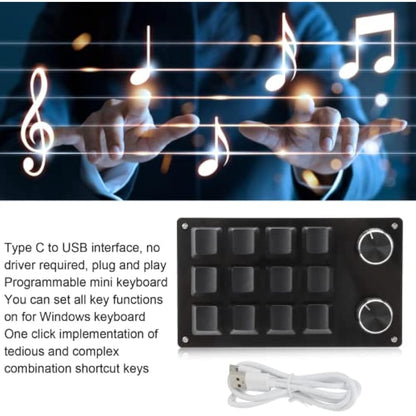 zalati Mechanical Keyboard, 12-Key USB Mini Programmable Keys No Drive Needed with Knob Design Easy to carry 2.97 x 5.14inch - Black