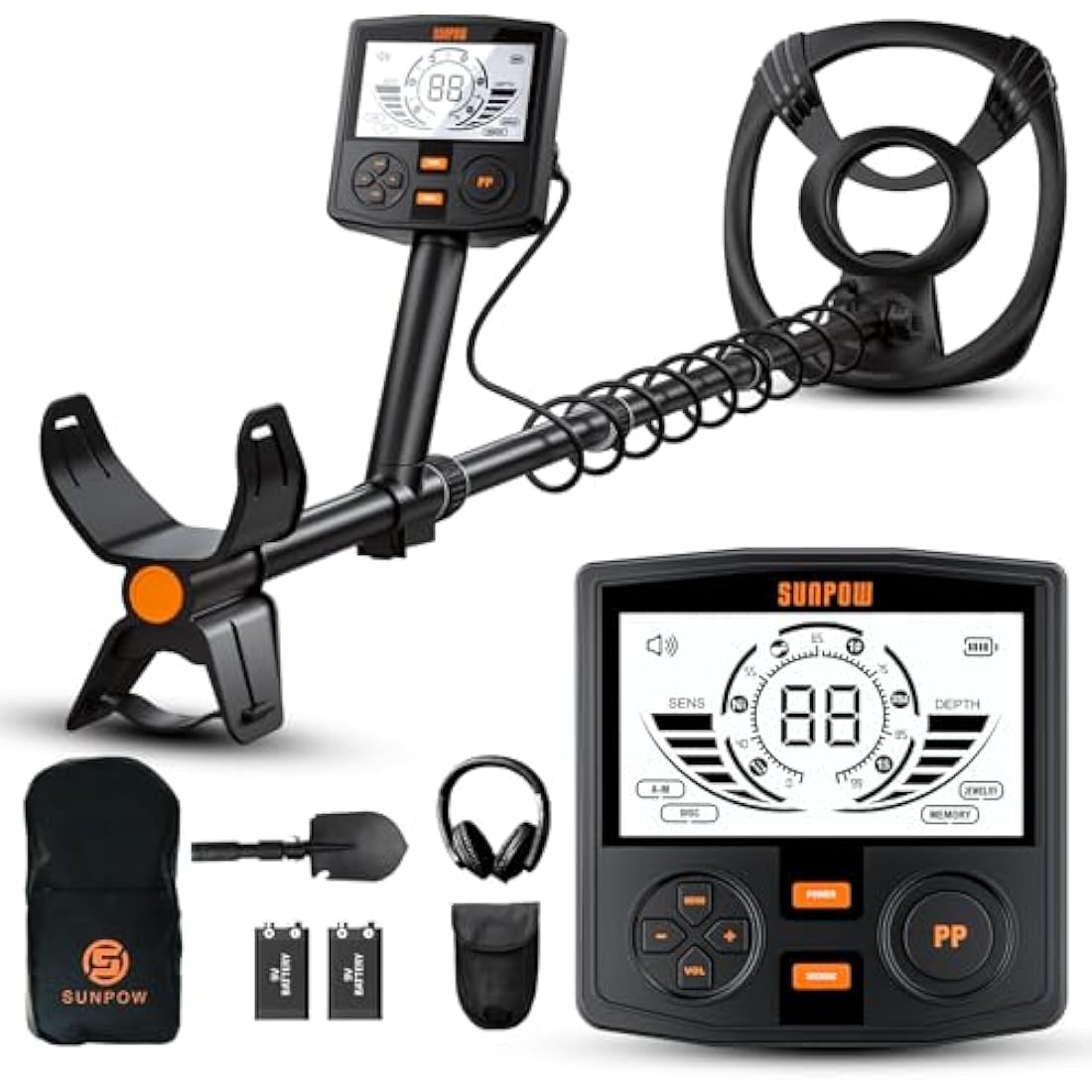 SUNPOW Metal Detector for Adults Professional, High-Tech with DSP Chip and Structure, 3 Pieces Custom, 30cm Waterproof Coil, 2 x LCD Display, 5 Modes, Adjustable Length (50 cm - 150 cm), Stable Spiral