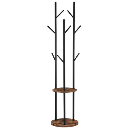 HOOBRO Coat Stand, Coat Rack for Hallway, Freestanding Coat Rack Stand with 8 Hooks, Storage Shelves, Hall Trees for Clothes, Rustic Brown EBF33YM01