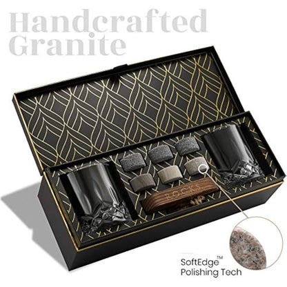 Whiskey Chilling Stones Gift Set - 6 Handcrafted Premium Granite Round Sipping Rocks - 2 Crystal Glass Tumblers - Hardwood Presentation & Storage Tray - Elegant Gold Foil Gift Box by R.O.C.K.S.