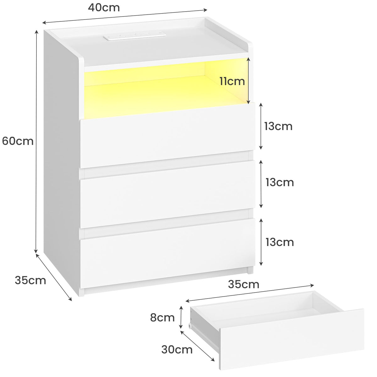 AOGLLATI Bedside Cabinet with LED Lights Bedside Table with Charging Station|3 Drawers and 1 Compartment |2 AC and 2 USB Ports Side Table for Living