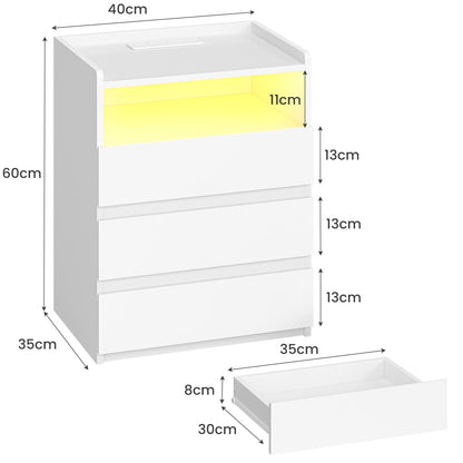 AOGLLATI Bedside Cabinet with LED Lights Bedside Table with Charging Station|3 Drawers and 1 Compartment |2 AC and 2 USB Ports Side Table for Living