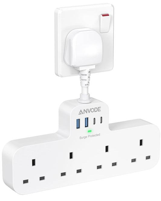 Multi Plug Extension Socket with 4 USB (2 Type C), ANVODE 4 Way Plug Adaptor with Short Cable, Adapter Plug UK Turn 1 to 8, Short Extension Lead Power