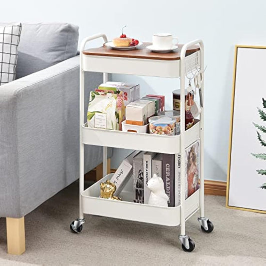 KINGRACK 3 Tier Metal Storage Trolley on Wheels with Removeable Wooden Worktop Trap Table Cover, Beauty Book Craft Tea Art Trolley for Home Bathroom Kitchen Laundry, No screws needed Easy
